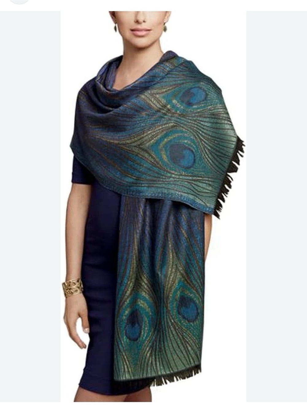 Peacock Feather Pattern Blue-Green Pashmina Wrap